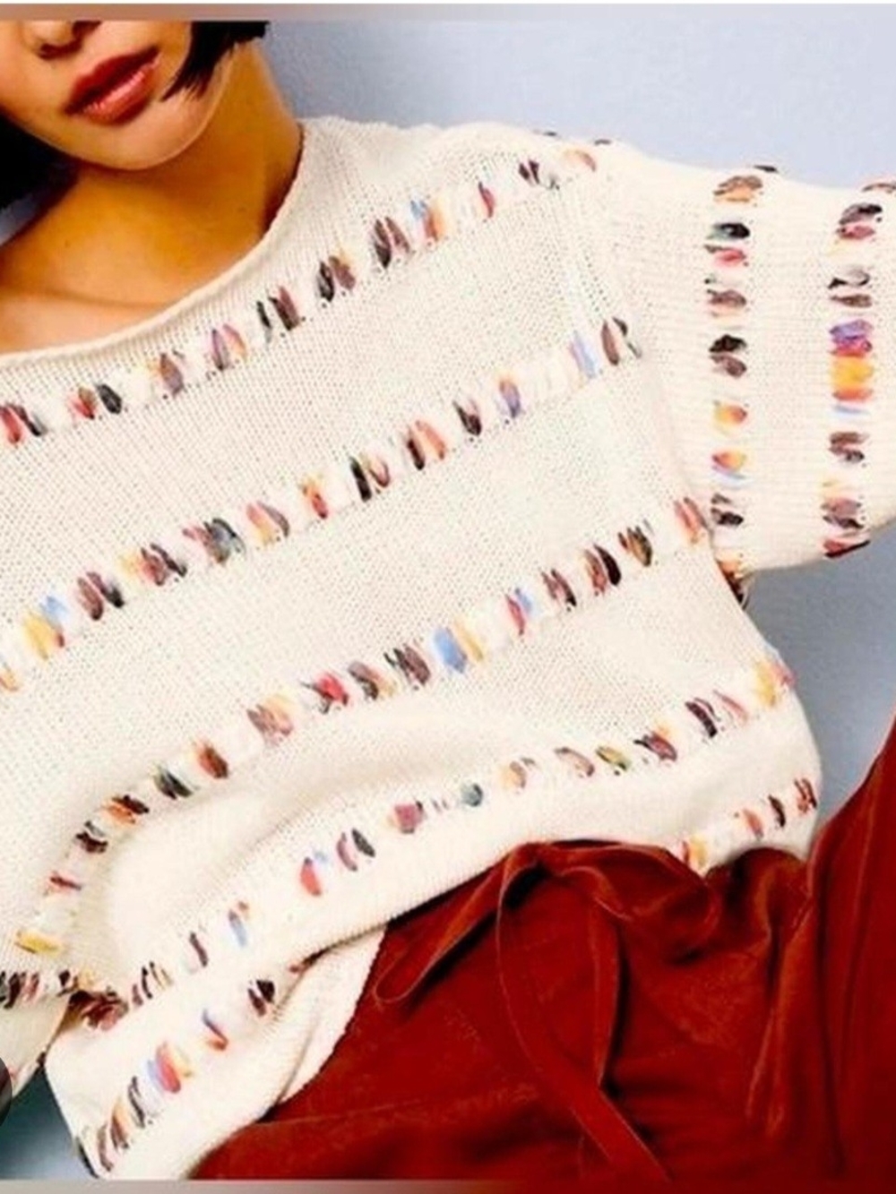 Lou & Grey for Loft Size M Rainbow Stitch Cropped Knit Pullover Sweater Cotton